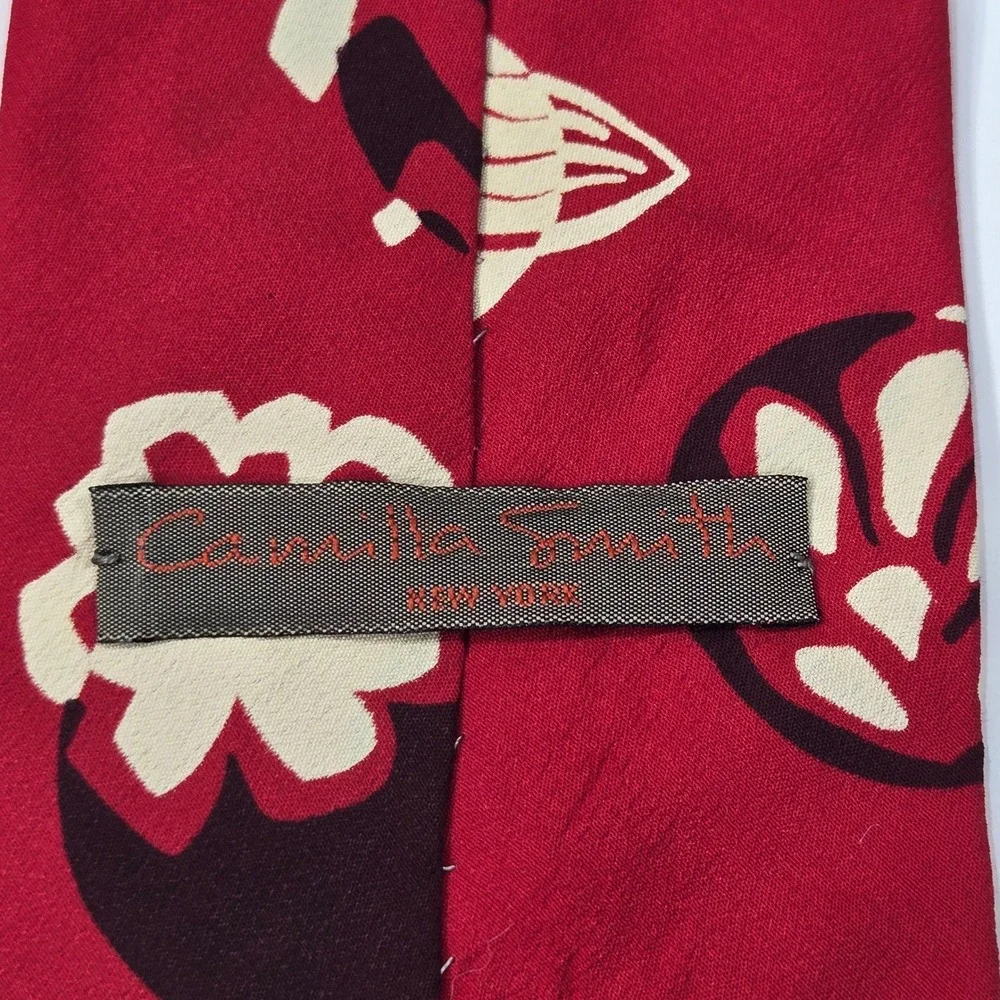 Vtg Camilla Smith NY Silk Tie Red Tropical Floral Botanical Mens Necktie 3.75